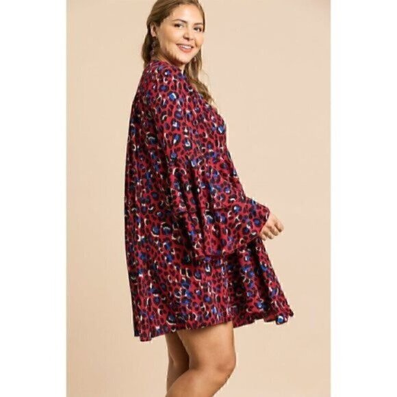 Red Leopard 70s V Neck  Tier  Hippie Bell Sleeve Bohemian Mini Dress M - Picture 2 of 14